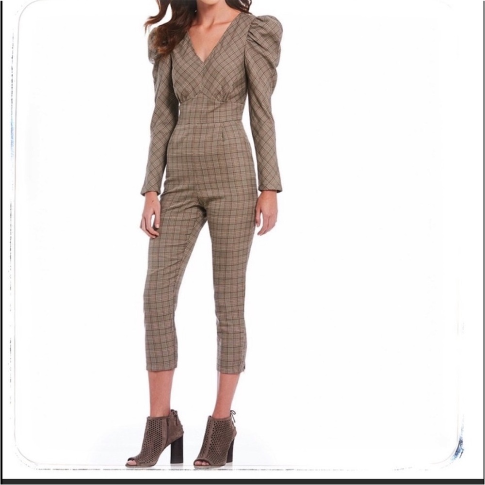 Anthropologie Sugar Lips plaid jumpsuit puff sleeves